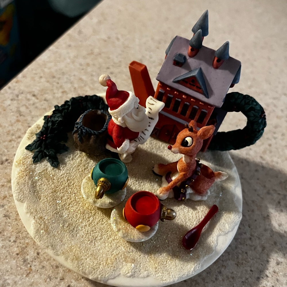 Festive Santa and Reindeer Ornament with House